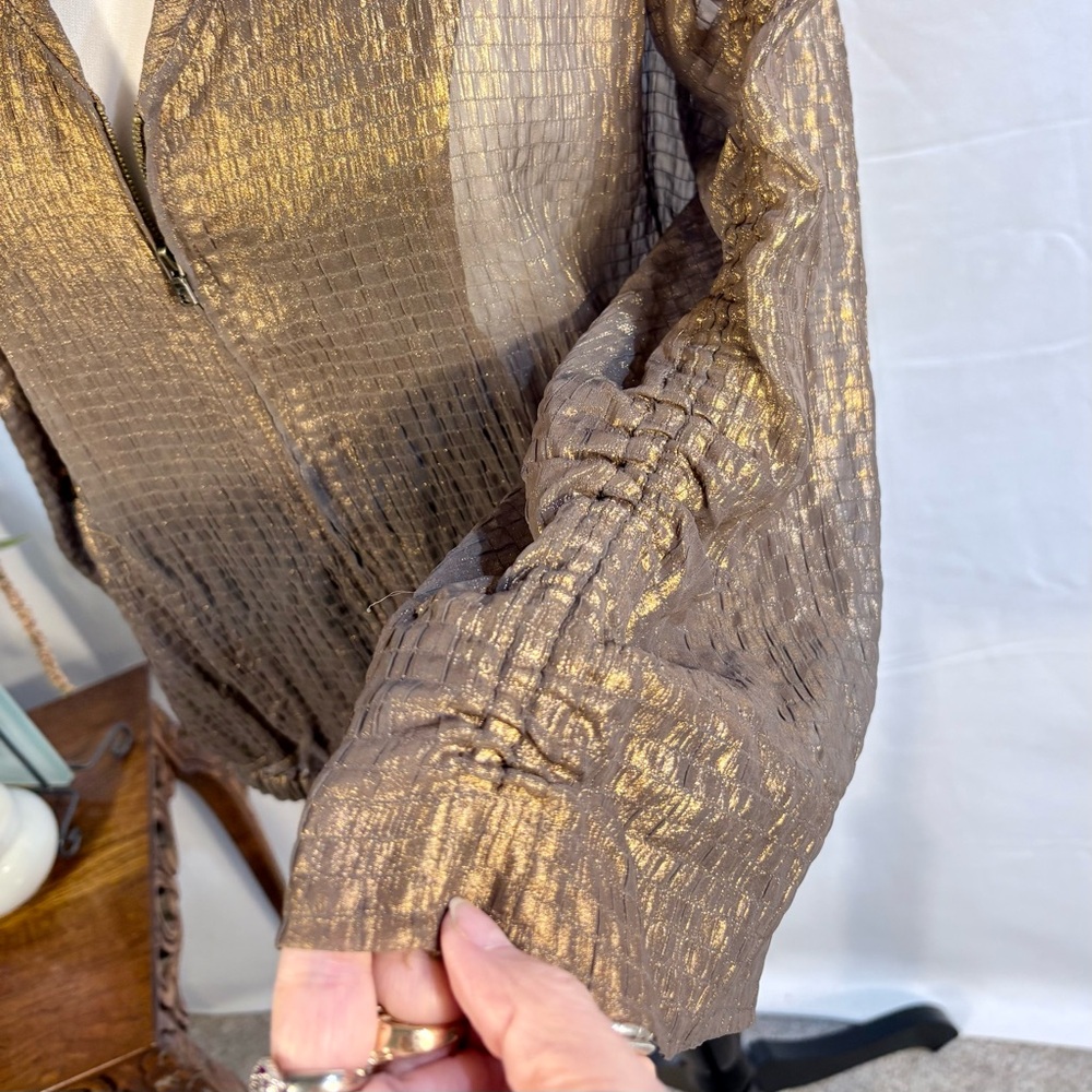 Diane von Furstenberg Metallic Chiffon Zip Jacket Copper Brown Sz 6💚 - Picture 4 of 12
